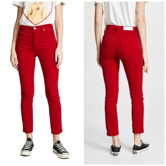 Re/Done Pants - Re/Done Cherry Red Velvet High Rise Ankle Pants